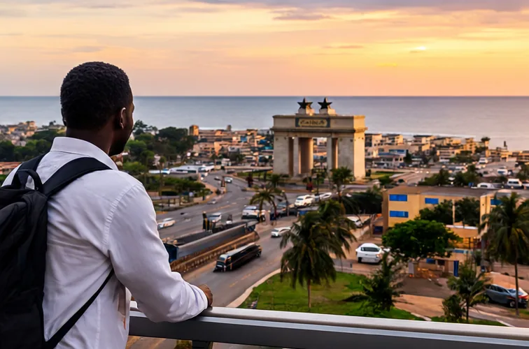 A man looking out over Accra and the Black Star Gate