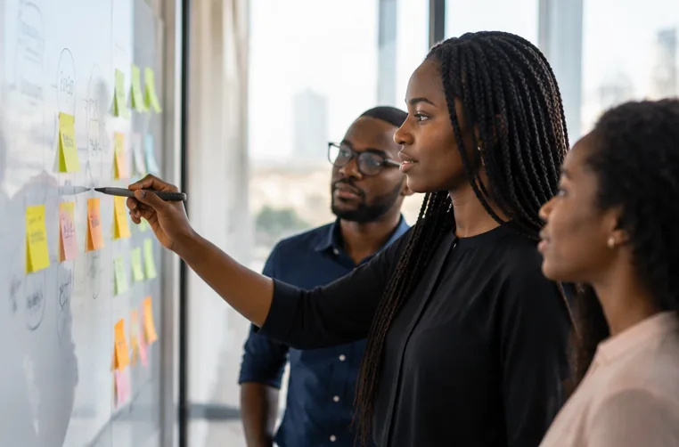 A team mapping ideas on a wall of sticky notes