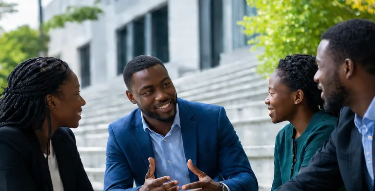 Colleagues deep in conversation outside