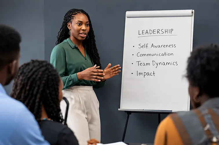 A facilitator talking a group through self-awareness and team dynamics