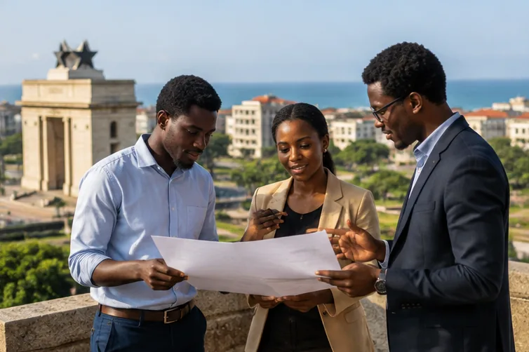 A team looking over plans together at the Black Star Gate
