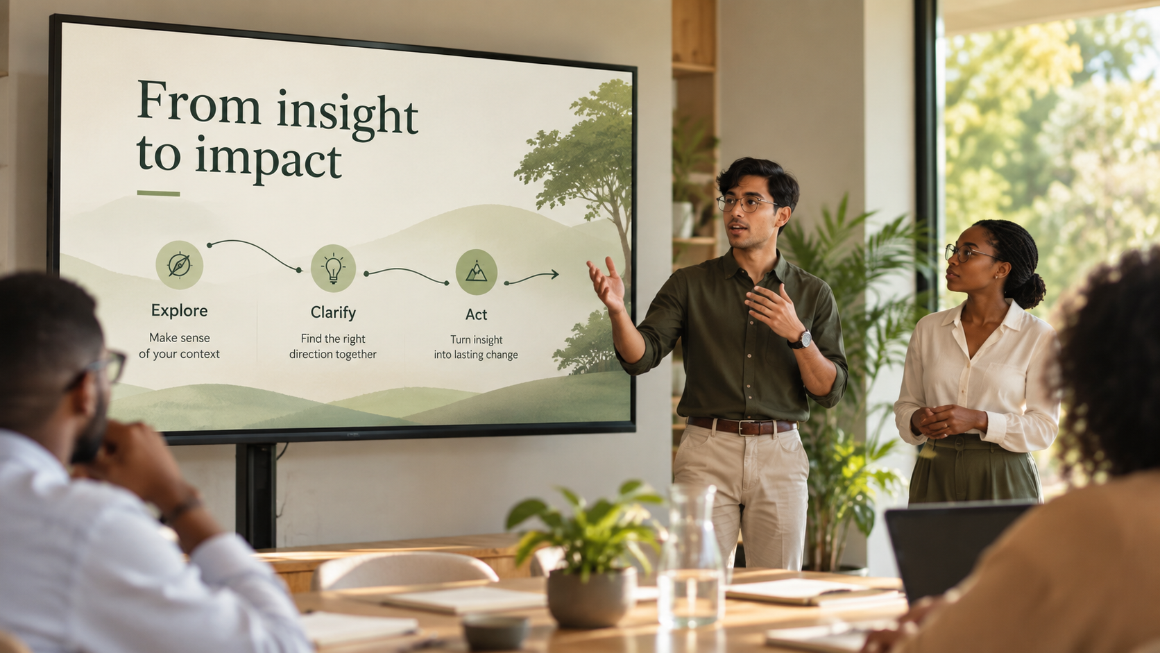 A team discussing how to move from insight to impact.