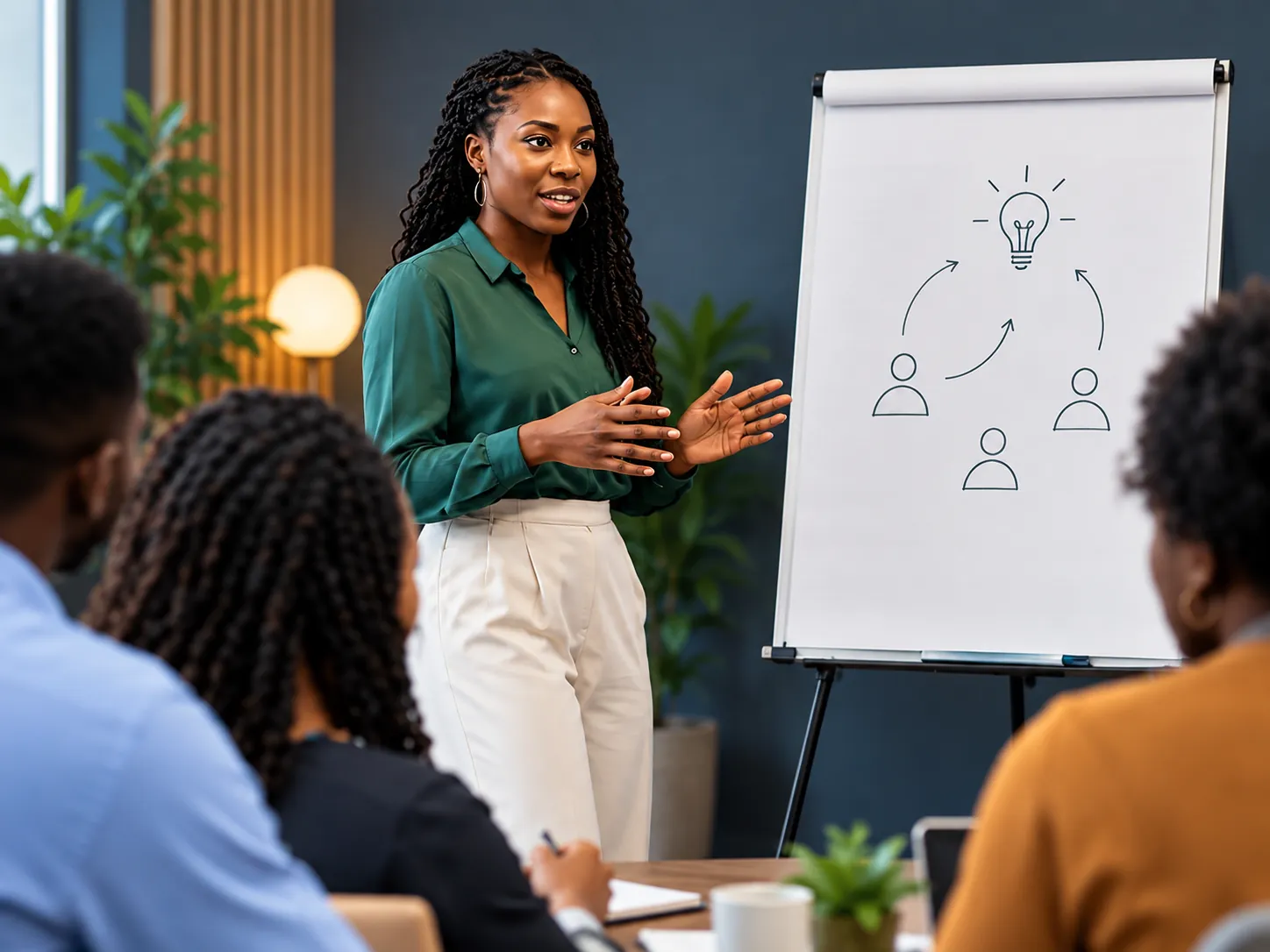 A facilitator talking a group through a flip chart