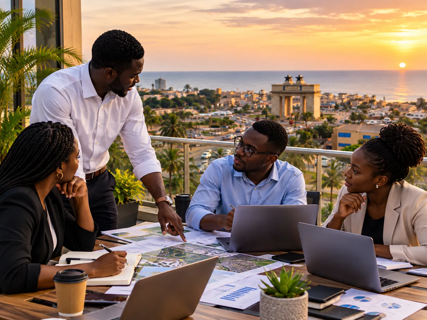 A team planning over maps and laptops on a terrace above Accra at sunset