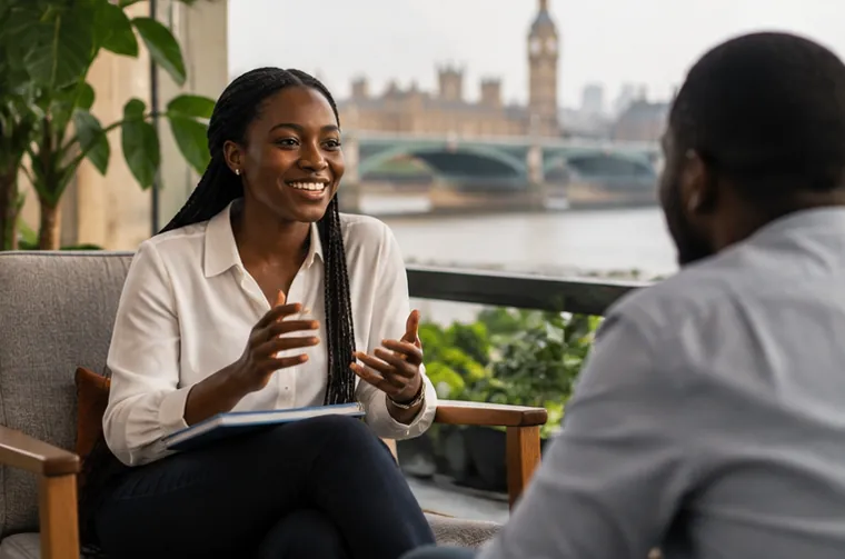 A woman reflecting on her career in a coaching conversation