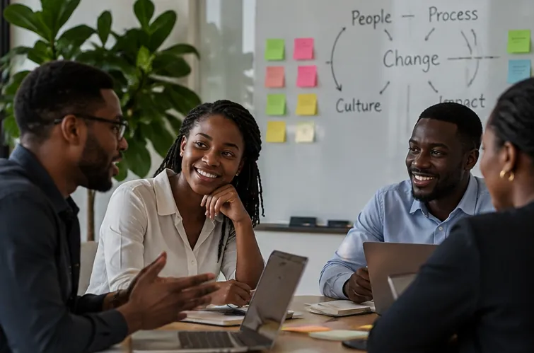 A team talking through how people, process, culture and change connect
