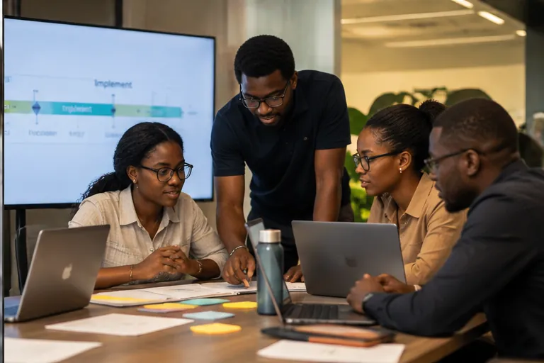 A team reviewing an implementation timeline on screen