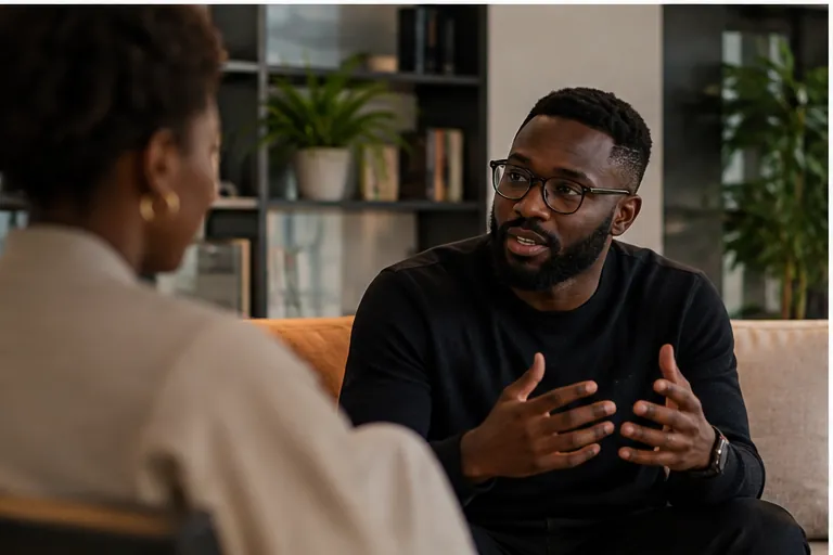A man listening and responding in a coaching session