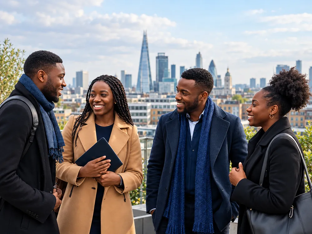 Four colleagues talking together on a terrace above the city