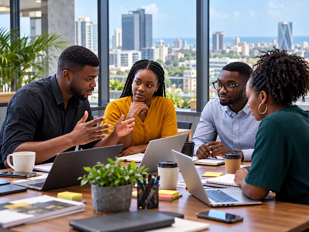 Colleagues in conversation around a table with the city skyline behind them